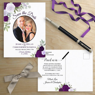 Eleganta lila rosor & foto bröllop Save the Date Meddelande Vykort