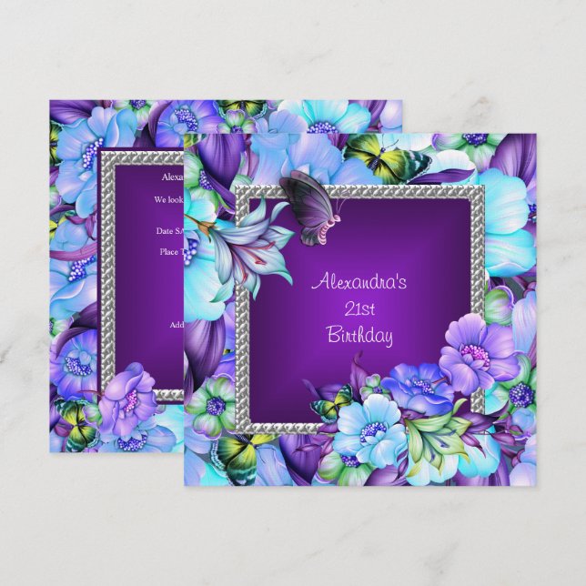 Eleganta lila silver juvel blommor 21-års födelsed inbjudningar (Fram/baksida)