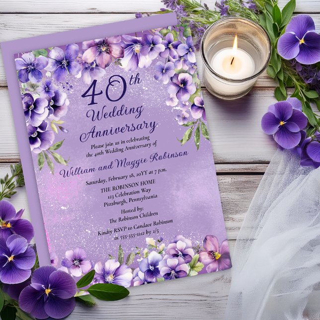 Eleganta lila violer 40-års bröllopsjubileum  inbjudningar (Elegant Purple Violets 40th Wedding Anniversary Invitation -- Print | Digital Download)