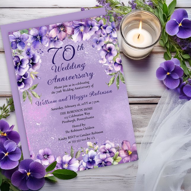 Eleganta lila violer 70-års bröllopsjubileum  inbjudningar (Elegant Purple Violets 70th Wedding Anniversary Invitation -- Print | Digital Download)
