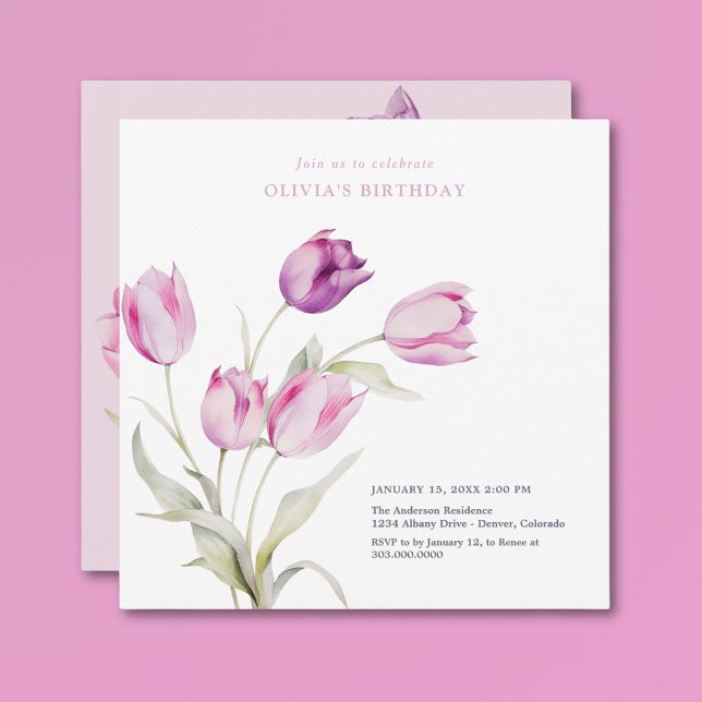 Eleganta lila violetta blomstermålade tulpaner i a inbjudningar (Skapare uppladdad)