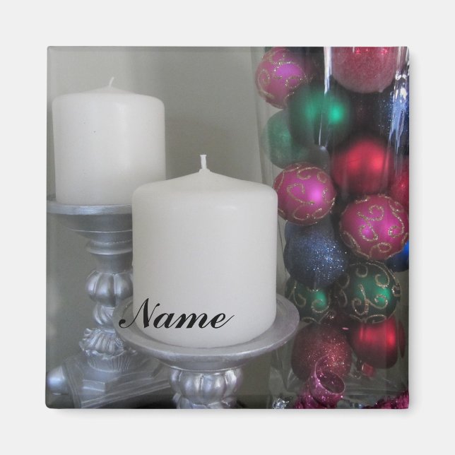 Eleganta ljus och glasbollar platshållare magnet (Framsidan)