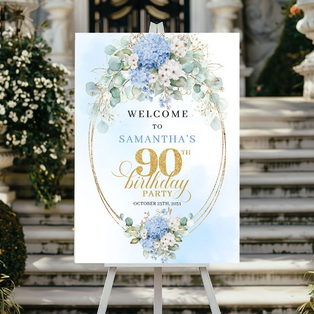 Eleganta ljusblå hortensior 90 Födelsedagsfirande Poster (Elegant Light Blue Hydrangeas 90th Birthday Welcome)