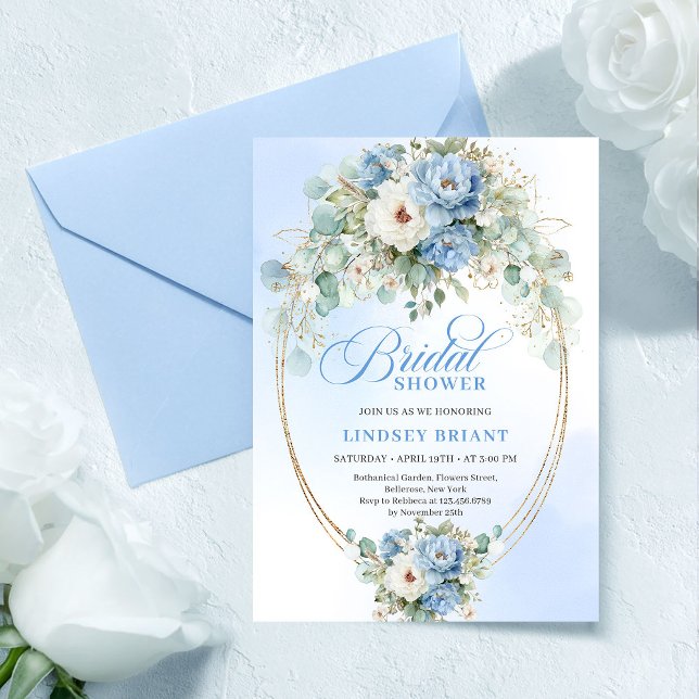 Eleganta ljusblå peonior Eukalyptus Bröllopsdusch  Inbjudningar (Chic Light Blue Peonies Eucalyptus Bridal Shower Card

)