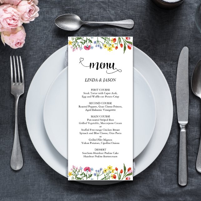 Eleganta Ljusfärgade Vilda Blommor Blommig Bröllop Meny (Bright colorful wildflowers floral wedding menu adds vibrant charm to a joyful dining experience)