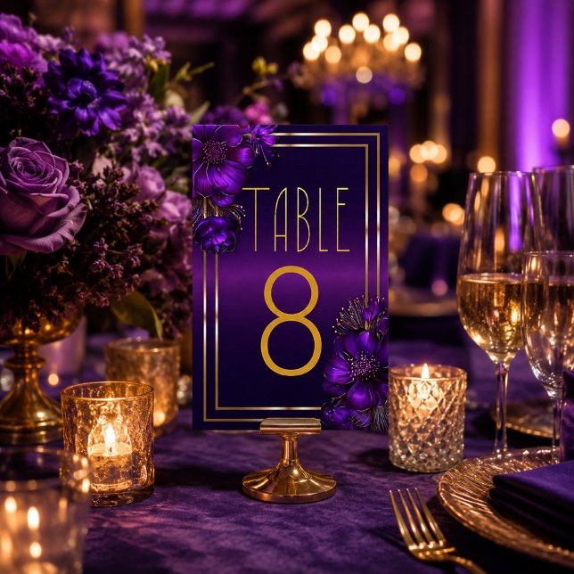 Eleganta lysande violetta lila bröllopsbord nummer bordsnummer (Chic Sleek Luminous Violets Wedding Table Number Cards)