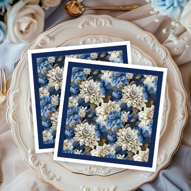Eleganta marinblå elfenbensvita blomsterbröllopser pappersservett (Chic Navy Blue Ivory Floral Wedding Napkins)