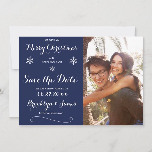Eleganta marinblå Save The Date julkort Spara Datumet (Framsida)