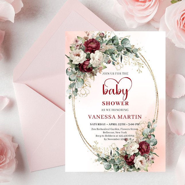 Eleganta Marsala Blommor Baby Shower Inbjudan (Chic Marsala Flowers Baby Shower Invitation)