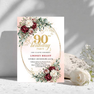Eleganta Marsala Peonies Eucalyptus 90-årsfirande Inbjudningar
