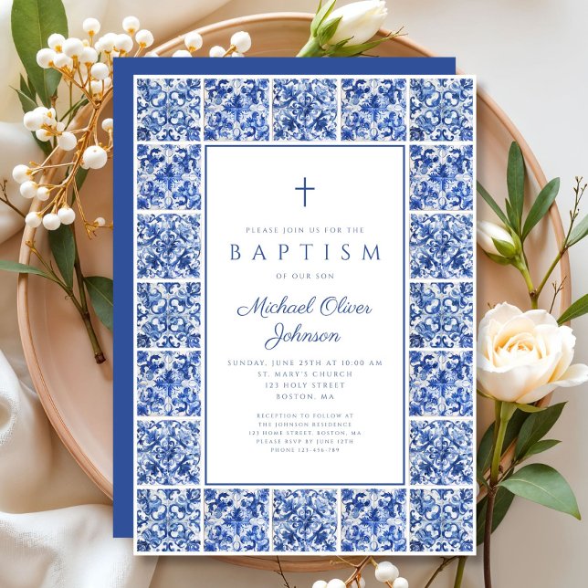 Eleganta Medelhavsplattor Pojke Dop  Inbjudningar (Elegant Mediterranean Tiles Boy Baptism Invitation)
