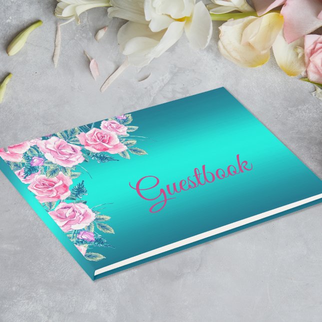 Eleganta Metalliska Aqua och Rosa Rosor Gästböcker (Skapare uppladdad)