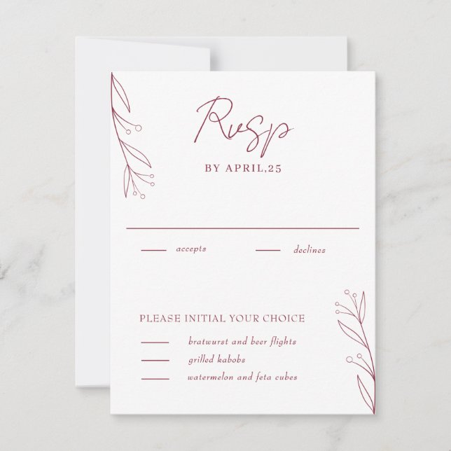 Eleganta minimalistiska botaniska burgunder RSVP-k OSA Kort (Framsida)