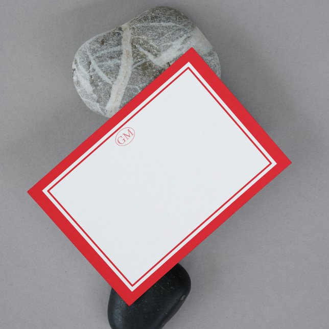 Eleganta minimalistiska monogram röda kant notkort anteckningskort (Minimalist RED Border Monogram Note Card
)