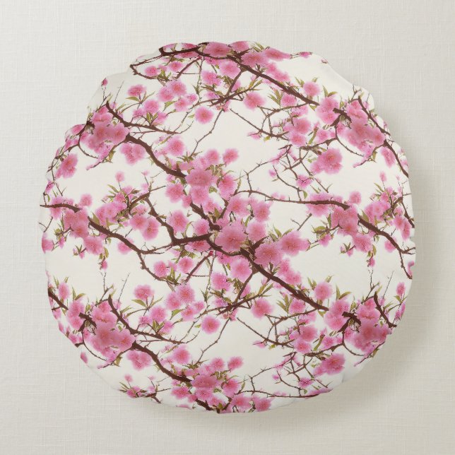 Eleganta mjuka rosa körsbärsblomfloraler  rund kudde (Framsidan)