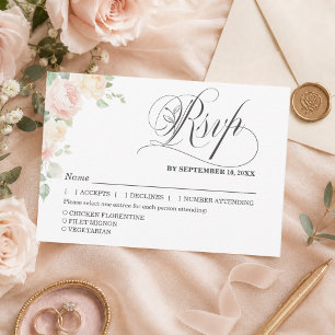 Eleganta mjuka rosablommande rosor bröllop RSVP me OSA Kort