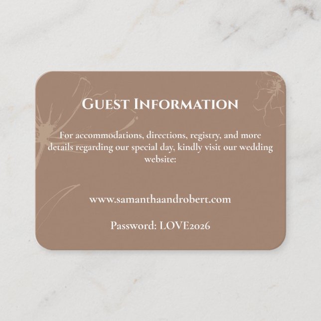 Eleganta mocha bruna blomsterlinjekonst vigselkort tilläggskort (Framsida)
