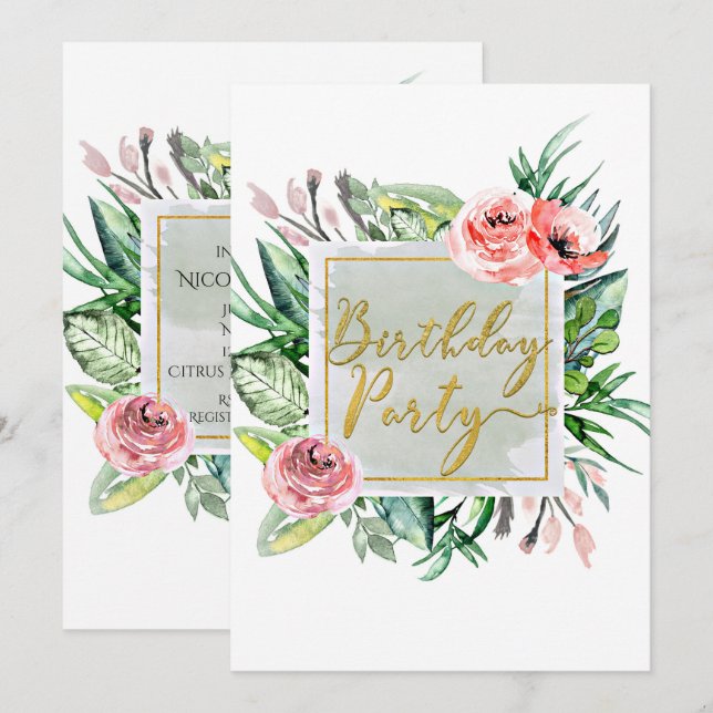 Eleganta moderna blommiga födelsedagsfestinbjudnin inbjudningar (Fram/baksida)