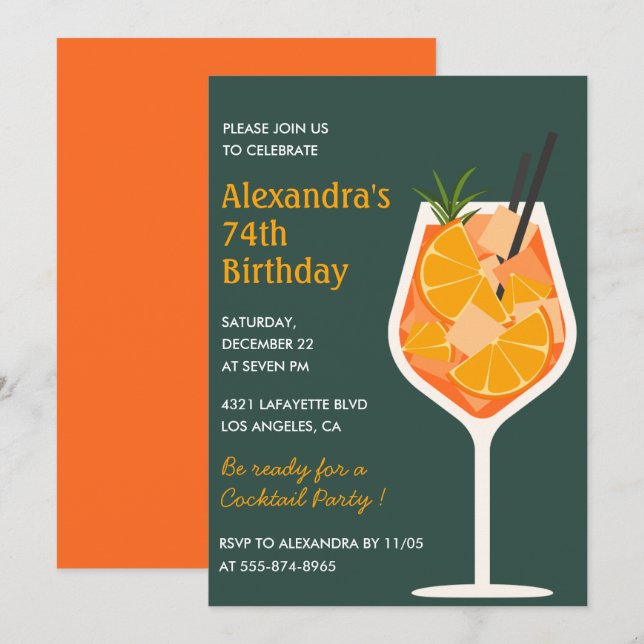 Eleganta moderna cocktail inbjudningar till 74-års (Fram/baksida)