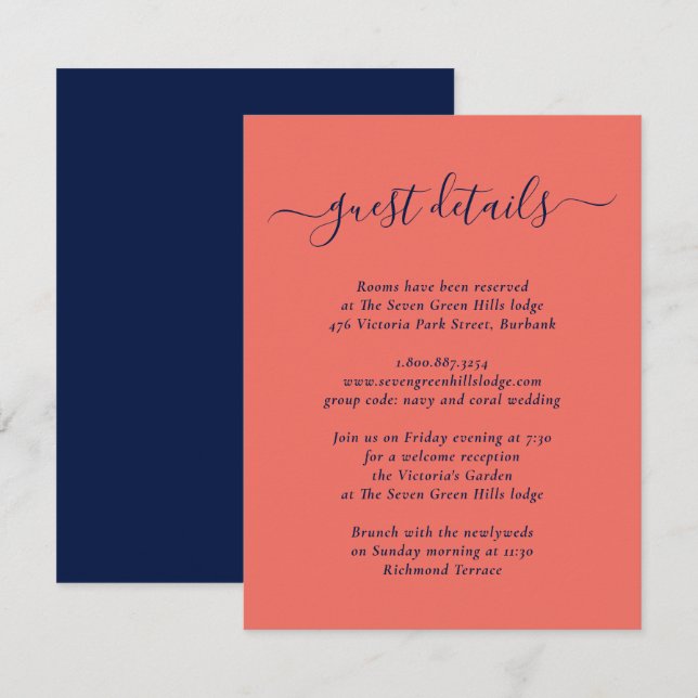 Eleganta moderna detaljer i marinblått och korall  tilläggskort (Fram/baksida)