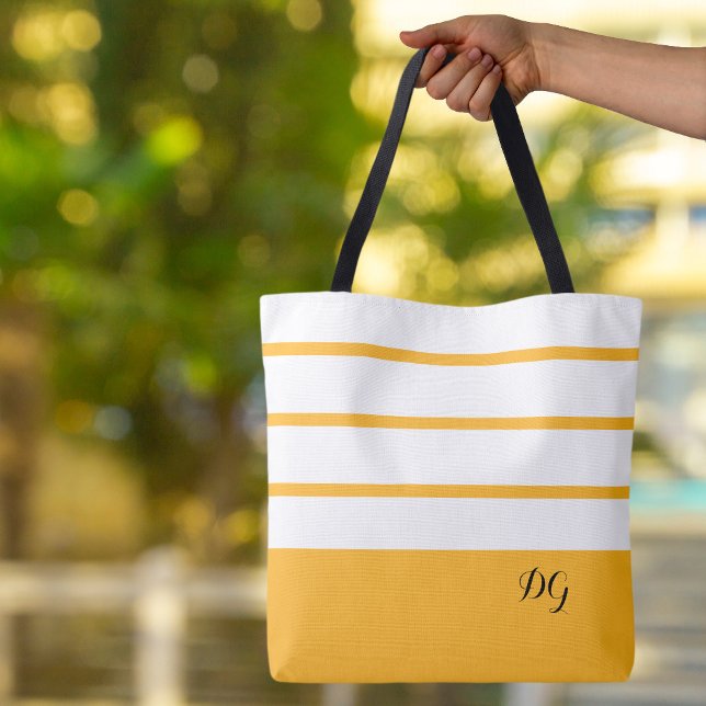 Eleganta moderna djärva ränder monogram gul svart tygkasse (Elegant Modern Bold Stripes  Monogrammed Yellow Black & White Canvas Shopping Shoulder Tote Bag
)