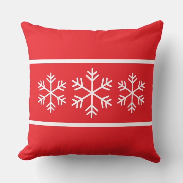 Eleganta moderna nordiska snöflingor ljusröda ränd kudde (Framsida)