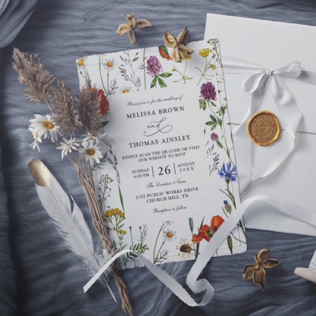 Eleganta moderna vildblommor budget QR-kod bröllop Inbjudningar (Skapare uppladdad)