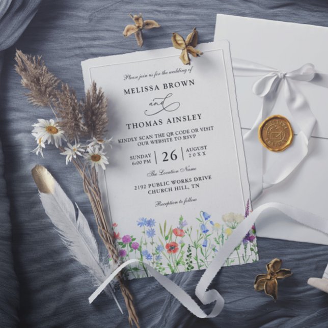Eleganta moderna vildblommor budget QR-kod bröllop Inbjudningar (Skapare uppladdad)