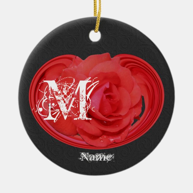 Eleganta monogram initialer Ros Personlig Julgransprydnad Keramik (Framsidan)