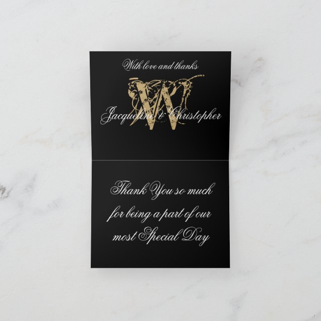 Eleganta Monogram Namn Svart Guld Bröllop Faltade Tack Kort (Inuti)