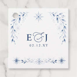 Eleganta monogram snöflingor blå vinterbröllop gåvor etiketter