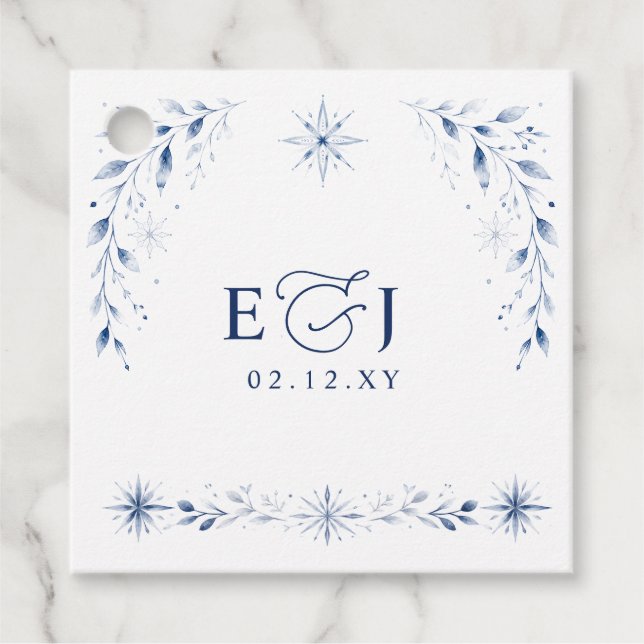 Eleganta monogram snöflingor blå vinterbröllop gåvor etiketter (Framsida)