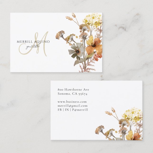 Eleganta monogram vattenfärg vilda blommor visitkort (Fram/baksida)