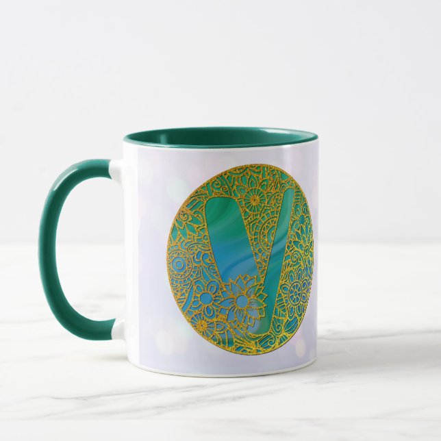 Eleganta monogrambokstäver turkos och guldglitter mugg (Vänster)