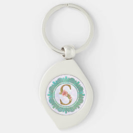Eleganta monograminitialer med mandala swirl silverfärgad nyckelring