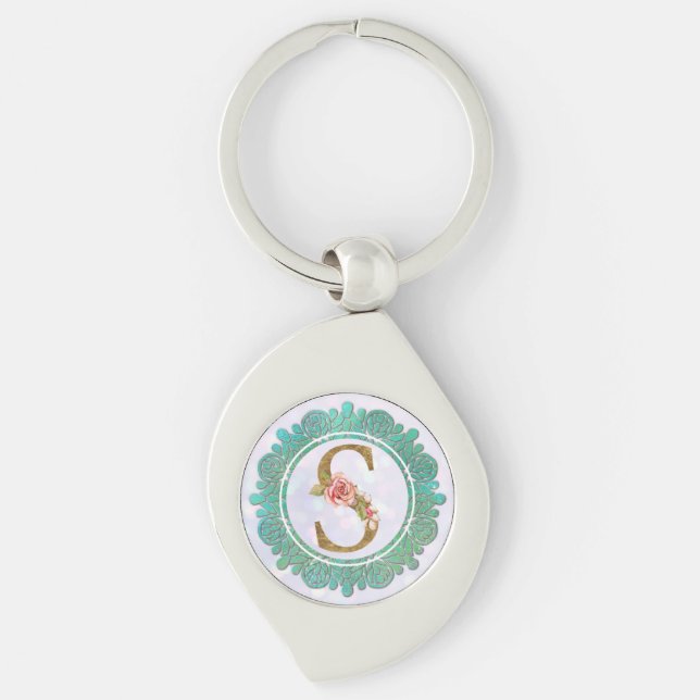 Eleganta monograminitialer med mandala swirl silverfärgad nyckelring (Framsidan)