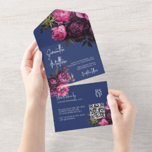 Eleganta Moody Florals Marinblå Bröllop med QR-kod