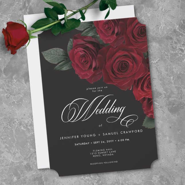 Eleganta Mörka Blodröda Rosor Blommig Bröllop Inbjudningar (Elegant Moody Blood Red Roses Floral Wedding Invitation)