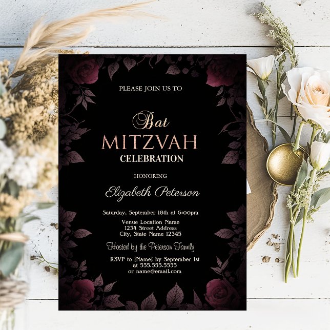 Eleganta mörka burgunderrosor Svart Bat Mitzvah  Inbjudningar (Skapare uppladdad)