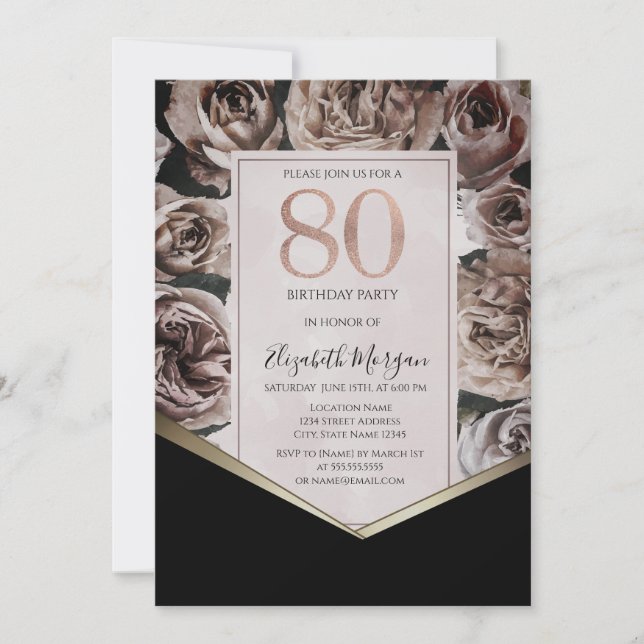 Eleganta Mörka Rosor 80-årsdag Inbjudningar (Framsida)
