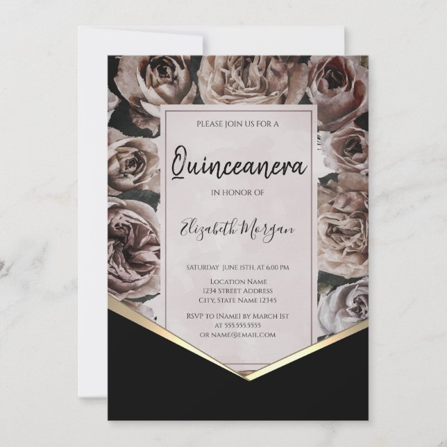 Eleganta Mörka Rosor Quinceanera Inbjudningar (Framsida)
