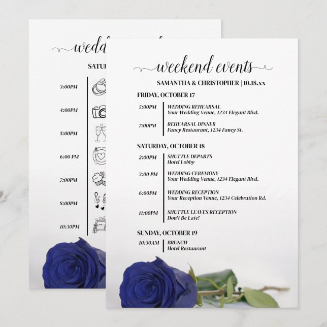 Eleganta mörkblå rosbröllopsevenemang & tidslinje program (Fram/baksida)