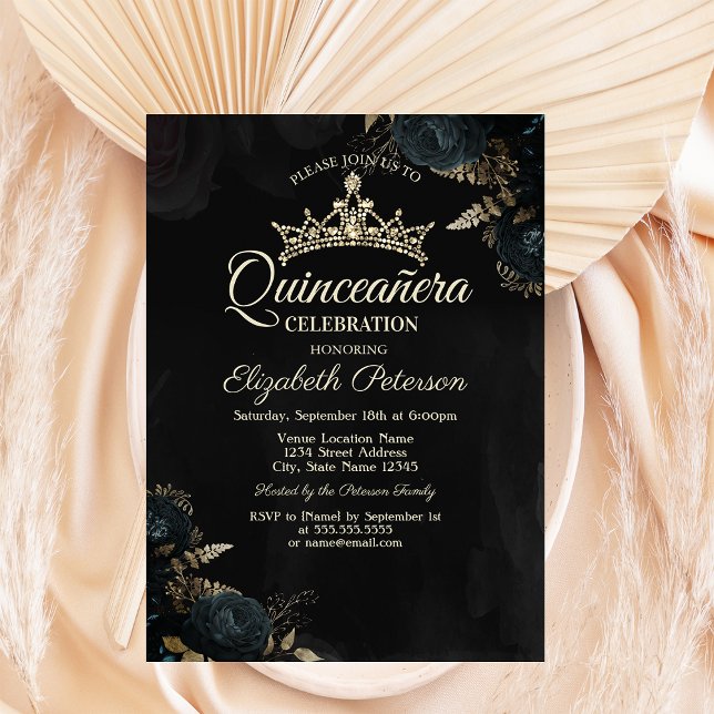 Eleganta Mörkgröna Rosor Gotisk Quinceañera Inbjudningar (Skapare uppladdad)