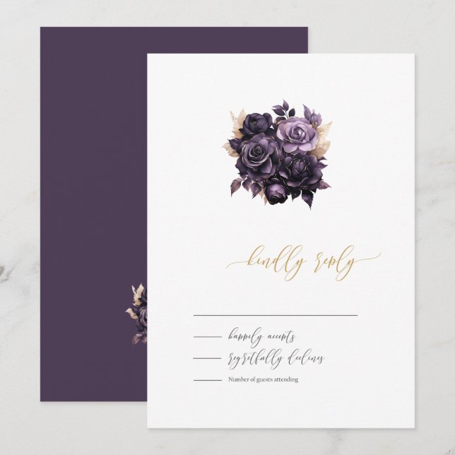 Eleganta mörklila rosor RSVP  Inbjudningar (Fram/baksida)