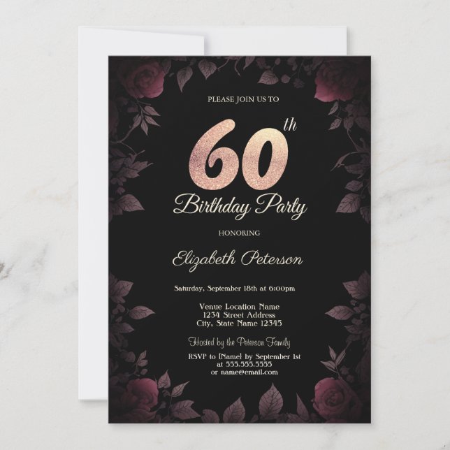 Eleganta mörkröda rosor Svarta 80-årsdag Inbjudningar (Framsida)