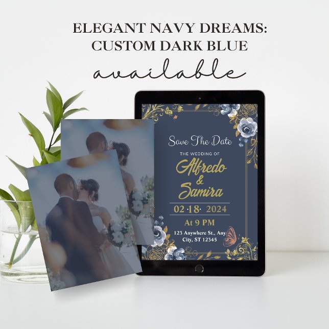 Eleganta Navy Drömmar: Anpassad Mörkblå Med Foto  Inbjudningar (Elegant Navy Dreams: Custom Dark Blue)