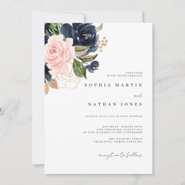 Eleganta Navy Rosa Akvarell Blommor Bröllop Inbjudningar (Framsida)