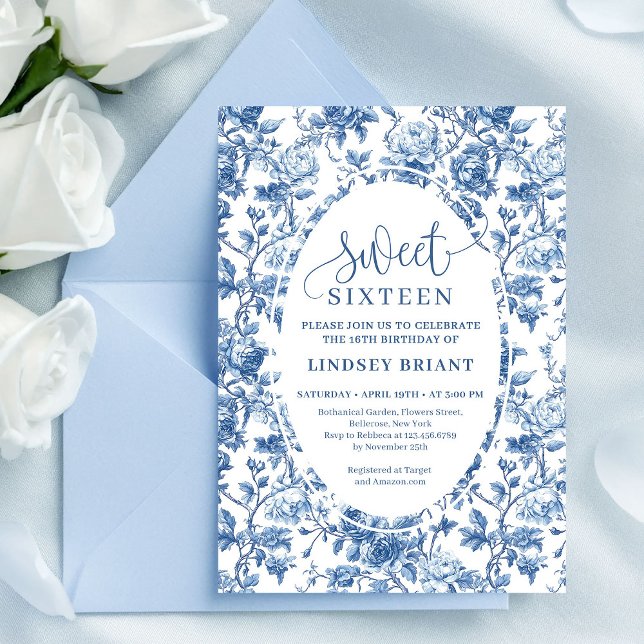 Eleganta Navy Rosor Digitala Blommotiven Sweet Six Inbjudningar (French toile de jouy flowers,
Luxurious navy roses 16TH birthday,
dusty Blue flowers botanical garde)