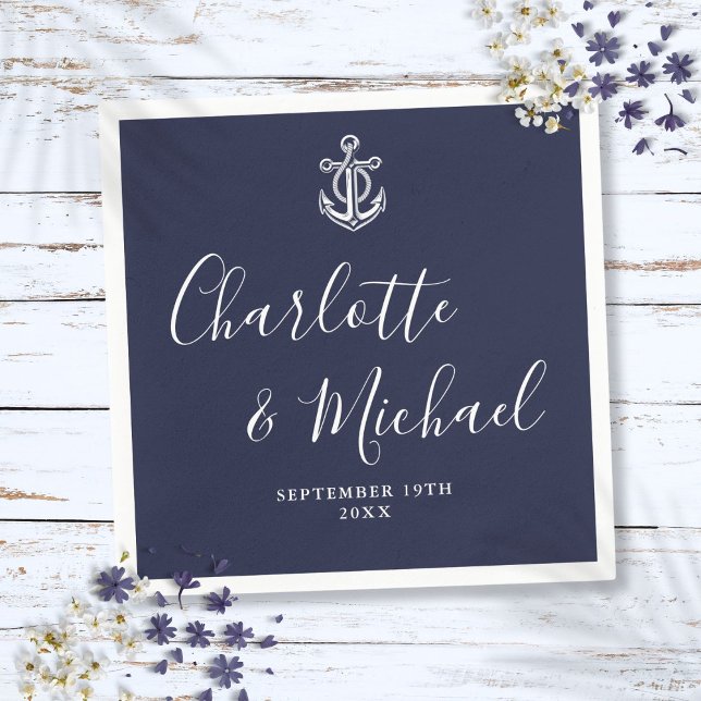 Eleganta Navyblå Ankare Marin Bröllop Pappersservett (Elegant Navy Blue Anchor Nautical Wedding Napkins)