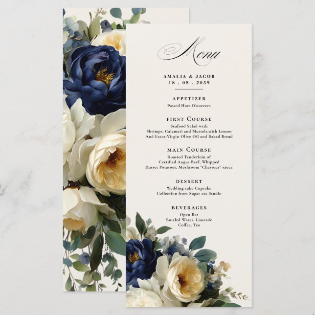 Eleganta Navyblå Blomdetails Meny Bröllop (Fram/baksida)